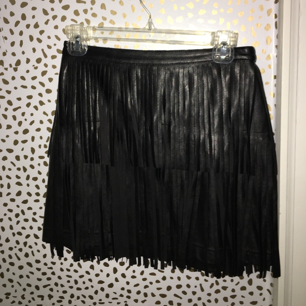 Black leather fringe skirt